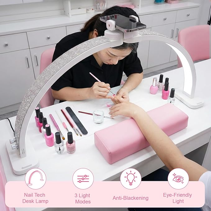 Half Moon Light for Nail Desk 31" Foldable LED Nail Desk Lamp with Phone Holder, Professional Nail Tech Light for Manicure & Beauty Studio