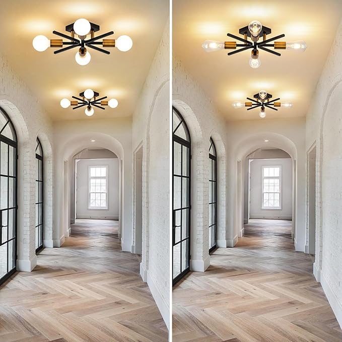 4 Light Sputnik Light Fixture Black Gold Flush Mount Lights Industrial Ceiling Light 19" Modern Farmhouse Ceiling Lights for Kitchen Bedroom Bathroom Foyer Hallway(E26)