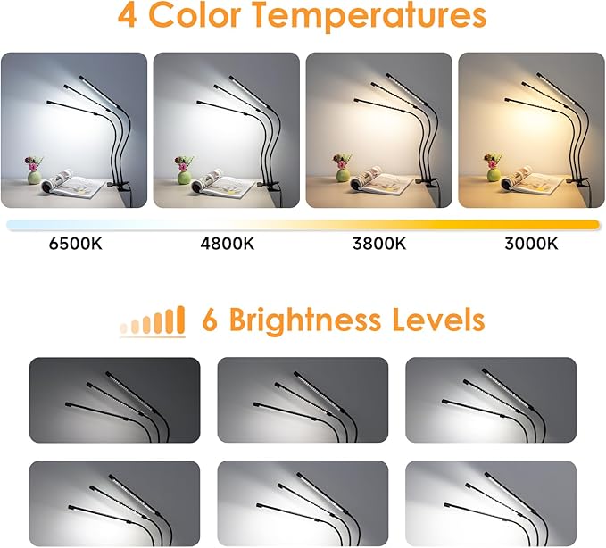 ShineTech LED Desk Lamp with Clamp, 3-Head Ultra-Wide Lighting, 4 Color Modes, Adjustable Gooseneck Task Lamps, Eye-Safe Dimming, Memory & Auto-Off Timer, Desk Light for Home Office, Study, Reading