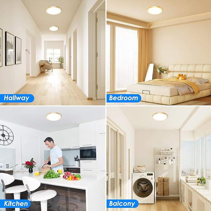 Peasur 12 Inch LED Ceiling Light Gold, 24W Slim Flush Mount Ceiling Light 3000K/4000K/6500K Adjustable, Modern Round Ceiling Lighting for Bedroom, Living Room, Kitchen