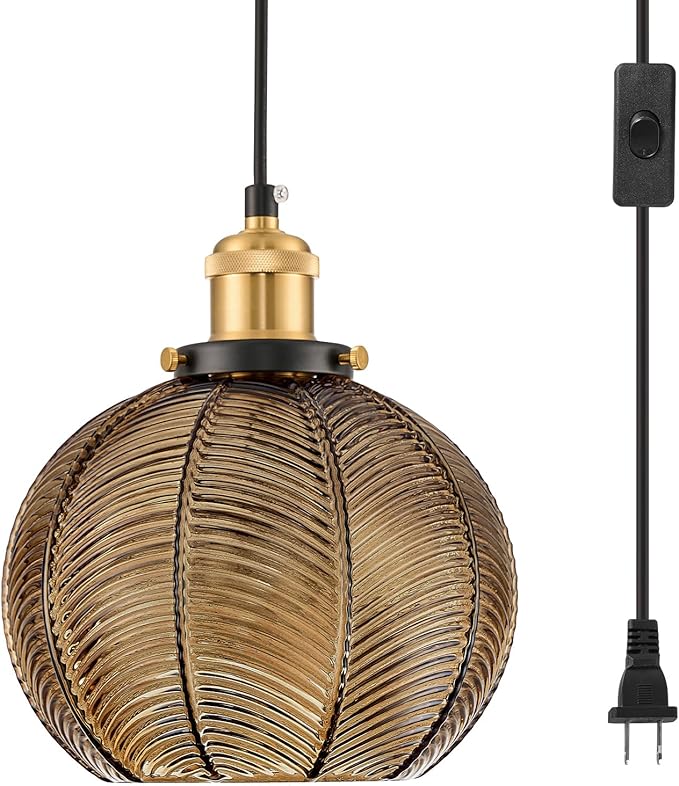 Modern Plug in Hanging Light, 7.8 Inch Glass Pendant Light with 14.76 FT Adjustable Plug in Cord, Vintage Amber Hanging Lamp for Dining Room Bedroom Kitchen Island Bathroom E26