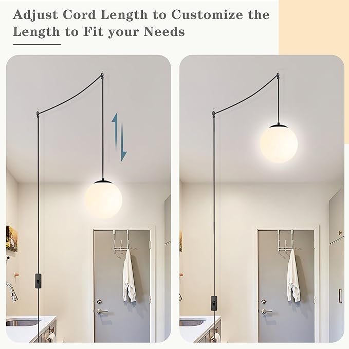 KoKo&Yukina 8" Globe Pendant Light Black Plug in Pendant Light Adjustable Hanging Lights with Plug in Cord Matte Black Finished with Milk Glass Lampshade for Bedroom Kitchen Island（Bulb Included）