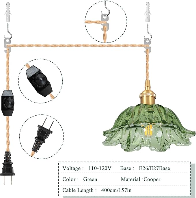 Plug in Pendant Light Fixtures,Hanging Light Fixture Corded On/Off Switch,10.6in E26 Green Glass Lampshade Pendant Lighting for Kitchen Island, Bedroom, Dining Room 2pack
