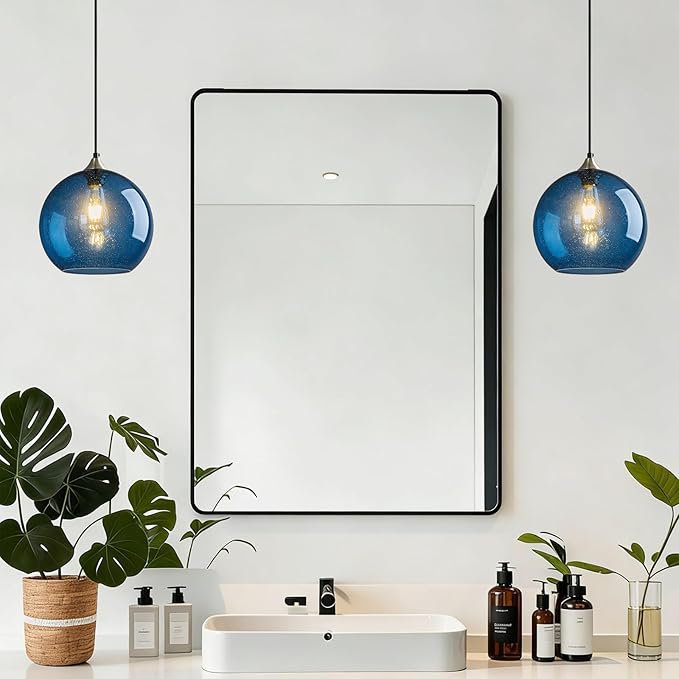 Modern 2-Pack Glass Globe Pendant Lights, Blue Modern Pendant Lighting for Kitchen Island, Clear Glass Hanging Lamps for Dining Room Living Room Bedroom, Medium 7.87 Inch Fixture (Bulbs Not Included)