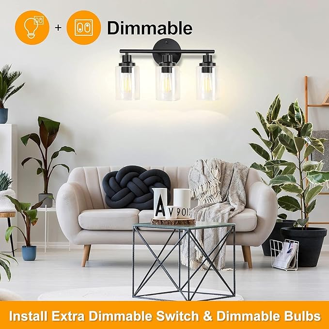 Pia Ricco Bathroom Vanity Light Fixtures, 3-Light Black Vanity Lights with Clear Glass Shades, Modern Wall Light Fixture Over Mirror, Bathroom Wall Sconces for Mirror Living Room Bedroom Hallway
