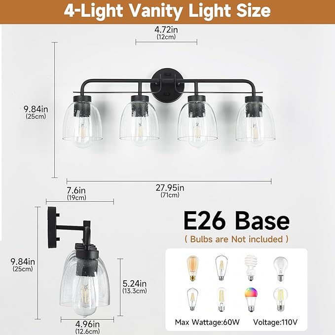 28 Inch Vanity Lights, 4-Light Black Modern Industrial Bathroom Light Fixtures with Vintage Bell Bubble Glass Shade, Wall Sconce for Bathroom Mirror, Bedroom, Hallway