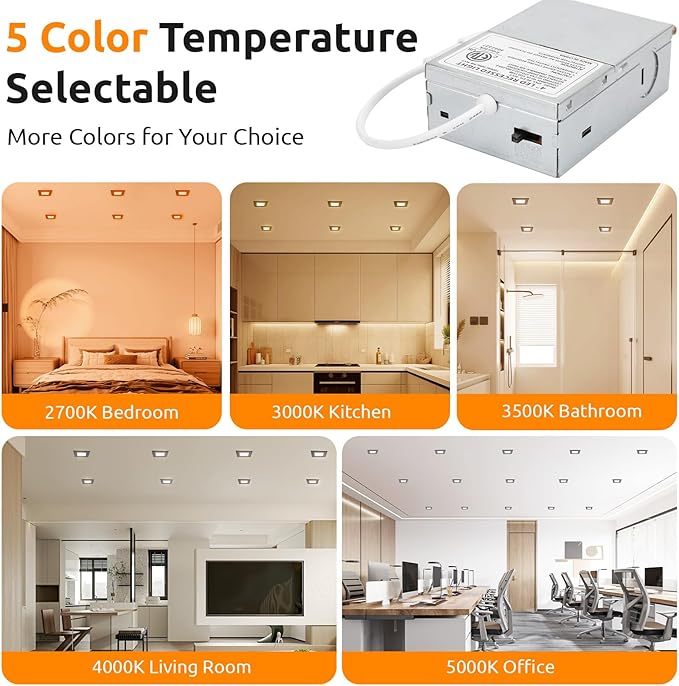 HONZIN Square LED Recessed Lighting 4 Inch, 5CCT Ultra Thin Led Recessed Ceiling Lights 6 Pack, Selectable 2700K/3000K/3500K/4000K/5000K, 9W, IC Rated, Dimmable Square Black Trim with Junction Box