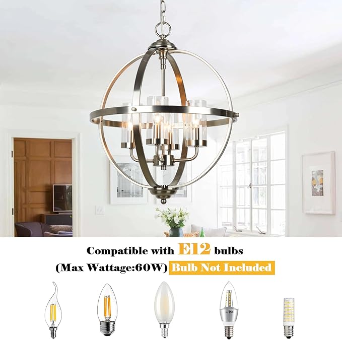 Treekee Chandelier Farmhouse Hanging Lighting, 4-Light Globe Orb Chandelier, Adjustable Modern Farmhouse Pendant Light Fixture for Dining Entryway Foyer, Brushed Nickel Finish
