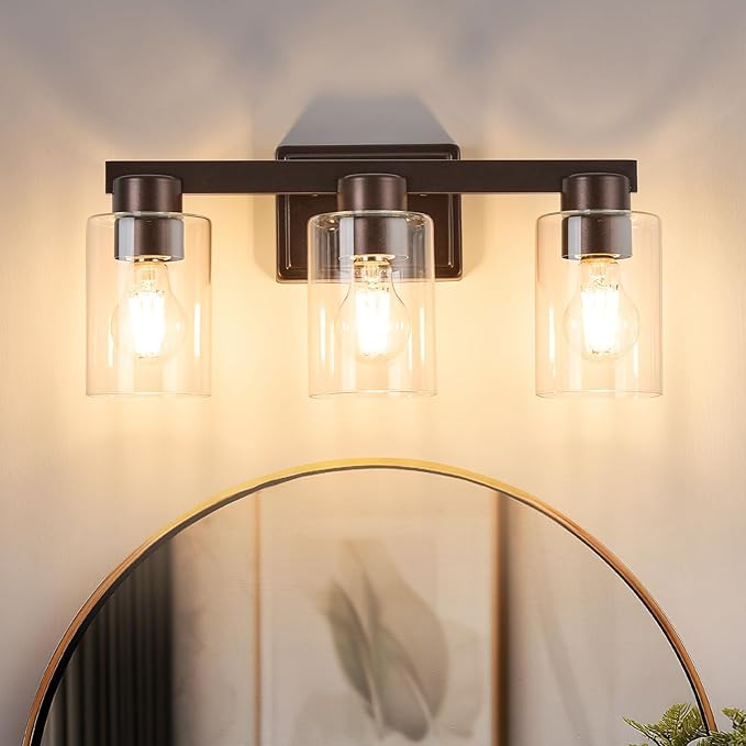 3-Light Bathroom Light Fixtures Modern Vanity Lights with Clear Glass Shade Oil Rubbed Bronze Wall Sconces Over Mirror for Bathroom,Powder Room, Living Room