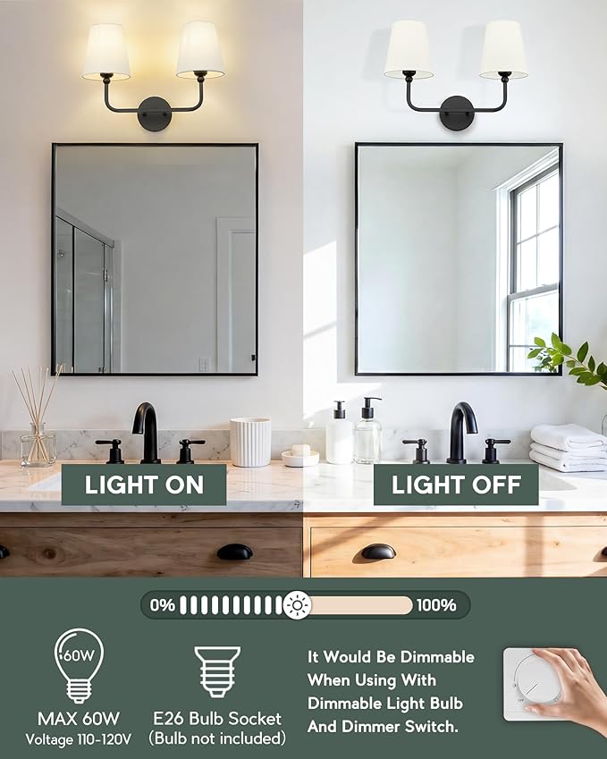 2-Light Bathroom Light Fixtures, Matte Black Vanity Lights, Double Wall Sconce with Beige Fabric Shade, Modern Sconces Wall Lighting for Hallway Bedroom Stairway, VL837-MB-B-2