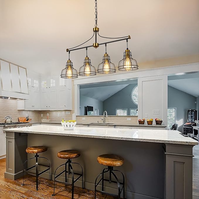 WILON Dining Room Lights, 4 Light Pendant Lighting for Kitchen Island Farmhouse Chandelier Dining Room Light Fixture, Rustic Chandelier Black Modern Pendant Lighting with Clear Glass Shades