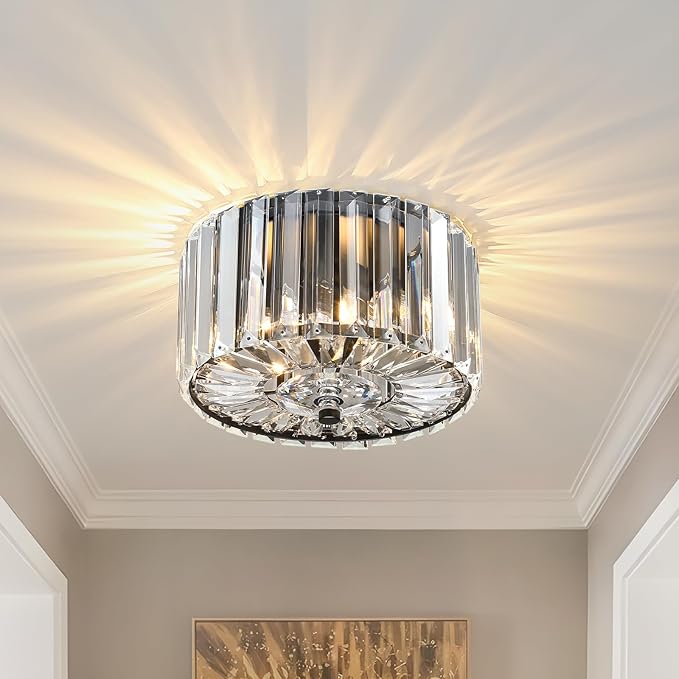 Small Crystal Ceiling Light, Modern Semi Flush Mount Ceiling Lighting Fixture, Black Small Chandelier Light Fixture, Entryway Light Fixture for Kitchen Hallway Bathroom, 2-Light, XDD007-1-BK