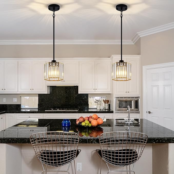 XSDeTu Black Pendant Lights Kitchen Island 2 Pack, Modern Crystal Chandeliers, Mini Hexagonal Pendant Light Fixture, Adjustable Hanging Ceiling Light for Kitchen Island Dinning Room Sink Bedroom