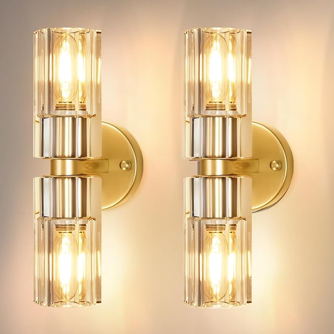 Crystal Wall Sconces Set of Two, 13'' Modern Brass Sconces Lighting with K9 Crystal Lampshade, Indoor Large Brass Wall Light Fixtures for Living Room Bathroom Hallway Stairs Bedroom