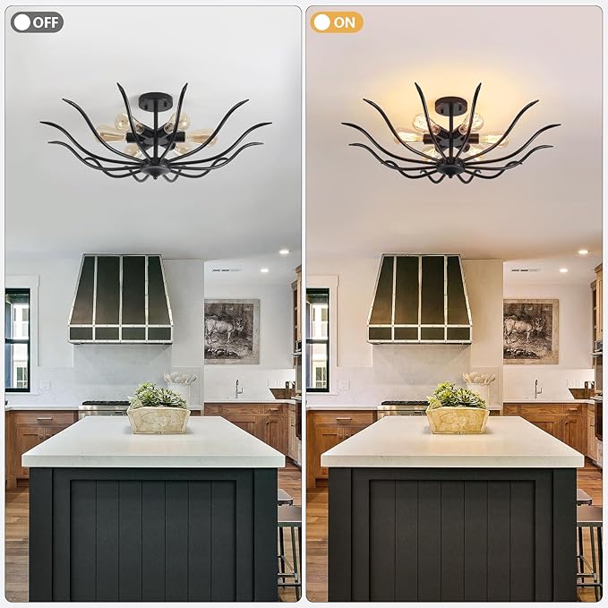 31.5" Semi Flush Mount Black Ceiling Light Fixture, 6-Light Modern Ceiling Living Room Light Fixture, Large Farmhouse Chandelier Dining Room Kitchen Bedroom Entryway Hallway Foyer Light Fixture