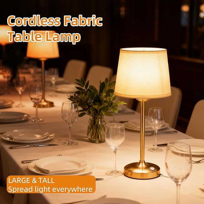 Deogos Cordless Table Lamp Gold with Dimmer, 4000mAH Battery Operated Lamp Rechargeable, 3 Color Temperature Touch Control Fabric Desk Light for Dining Room, Bedroom, Bar, Patio, Counter, Restaurant