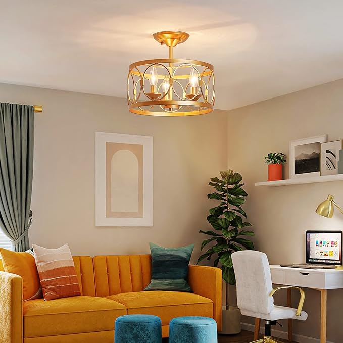 LOOYD 3-Light Semi Flush Mount Ceiling Light Fixture, Farmhouse Ceiling Light for Kitchen Bedroom, Living Room, Kitchen, Hallway (Gold)