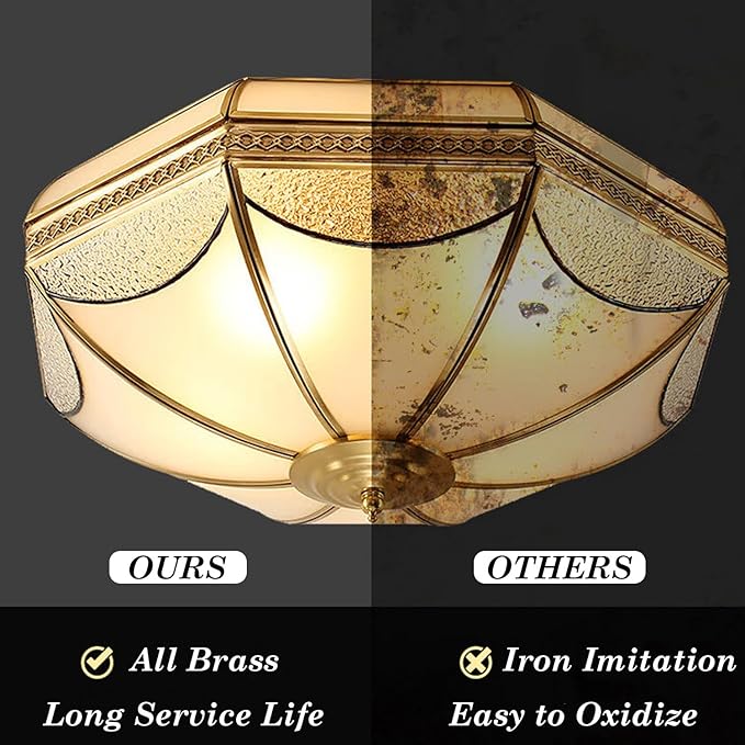 Brass Flush Mount Ceiling Light,3-Lights Dining Room Light Fixture,Frosted Glass Gold Lighting Fixture,Vintage Style Ceiling Lamp for Living Room Bedroom