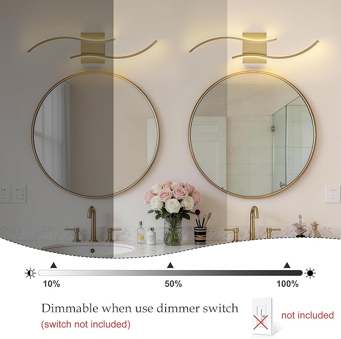 KARTOOSH 2 Pack Gold Light Fixture Hardwired Bathroom Vanity Lights Fixtures Over Mirror 23.6 Inch 3CCT Dimmable Modern Wall Lights for Mirror Kitchen Living Room Cabinet Porch Hallway