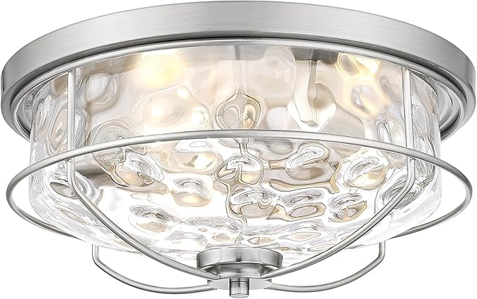 15 Inch Ceiling Light Fixtures, HWH 3-Light Modern Flush Mount Light with Brushed Nickel Finish, Water Ripple Hammered Glass Ceiling Lights for Kitchen Hallway Foyer, 5HTJ102WG-F BN