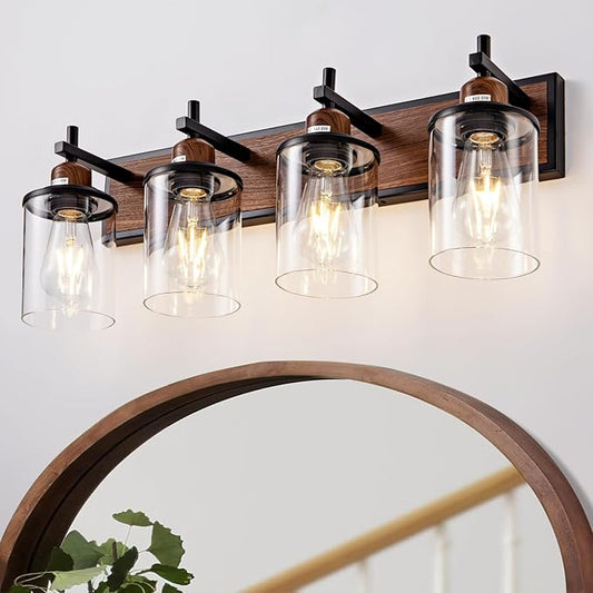 Lanhall 4-Light Farmhouse Bathroom Light Fixtures Vintage Bathroom Vanity Lights Over Mirror Black and Wood Painted Metal Vanity Light for Bathroom with Glass Shades E26 Socket