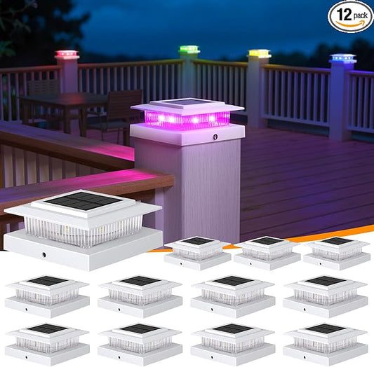 APONUO 12 Pack Solar Post Cap Lights Color Changing - 8 Solid Colors & Flowing Multicolor, IP65 Waterproof for 4x4 Wood/Vinyl Posts, Auto On/Off Deck Fence Patio Garden Lighting, White