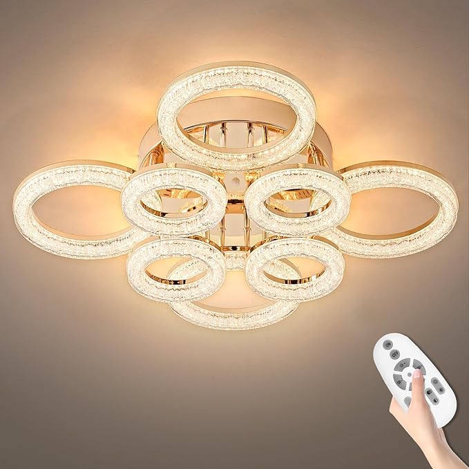 OKELI Modern Ceiling Light, 8 Rings 26.8'' Dimmable LED 106W Flush Mount Ceiling Lights with Remote Acrylic Crystal Round Ceiling Light Fixture, Bedroom Living Room Dining Room, Gold