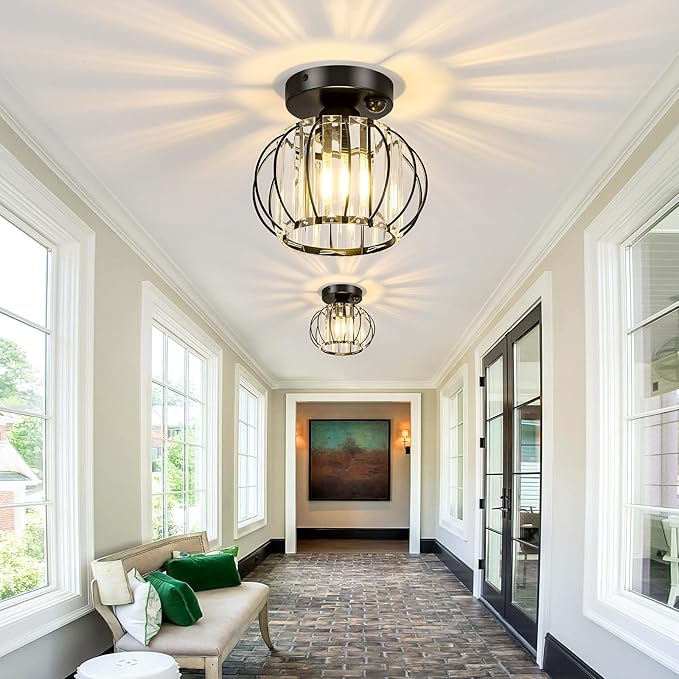 YYJLX Indoor Motion Sensor Ceiling Light Fixture Modern Cryatal Semi Flush Mount Ceiling Light Black Ovrehead Light Fixture for Porch Hallway Front Entryway Kitchen Hall Garage.