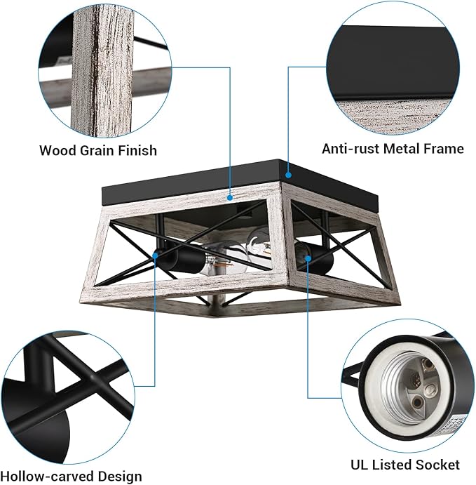 DEWENWILS Farmhouse Flush Mount Ceiling Light, Metal Light Fixture with Wood Grain Finish, 2-Lights Hallway Light Fixture Ceiling Mount for Entryway, Foyer, Dining Room