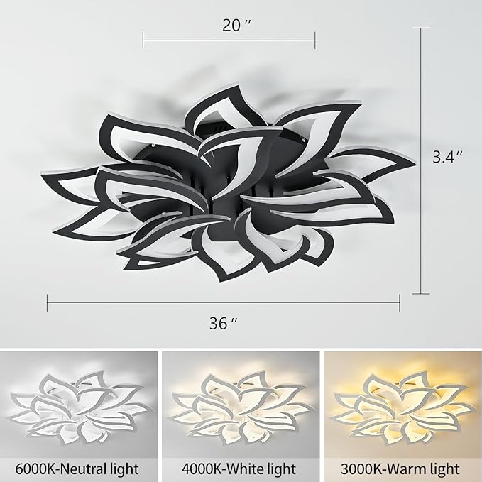 HuixuTe 36" Black Modern Geometric Dimmable Ceiling Light Fixture, 15 Leaves Low Profile Flush Mount Ceiling Light for Kitchen, Bedroom, Living Room