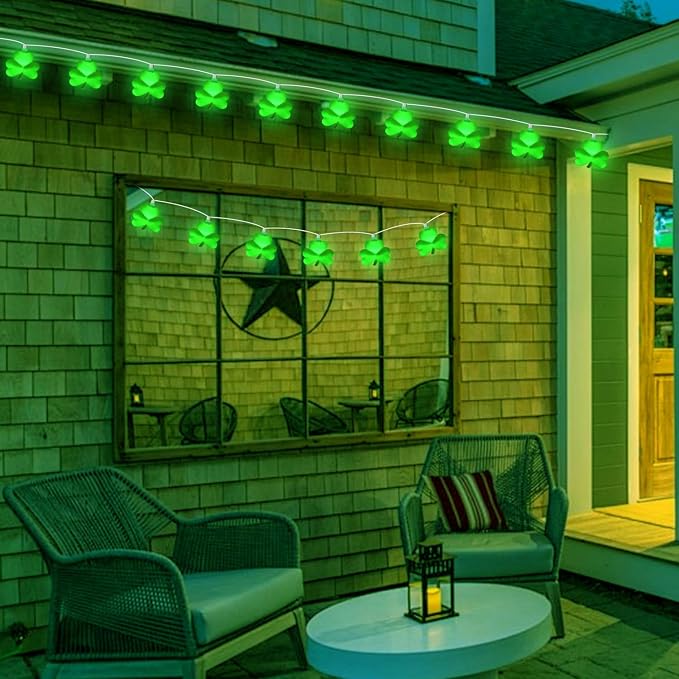 St Patricks Day Decorations Shamrock String Lights, 8.5FT Green Lucky Clover String Lights Waterproof with 10 Green LED Lights for Indoor Outdoor St. Patrick's Day Party Decorations, White Wire