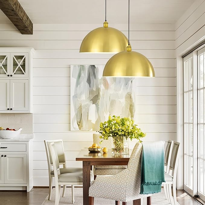 Gold Pendant Light, 20" Farmhouse Ceiling Light with Gold and White, Elegant Semi-Circular Shade Design, Adjustable Height Industrial Dome Pendant Lights for Kitchen Island, Dining Room