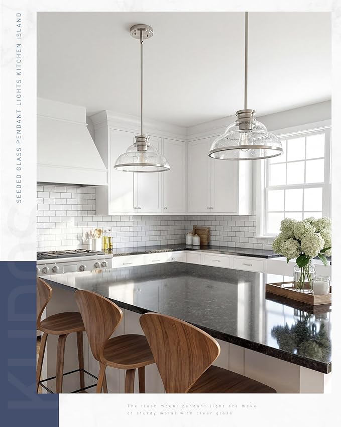 kudos Pendant Lights Kitchen Island, 11" Brushed Nickel Kitchen Island Lighting with Seeded Glass, Farmhouse Pendant Light fixtures for Kitchen Sink Dining Room Hallways, KDPL14-BN