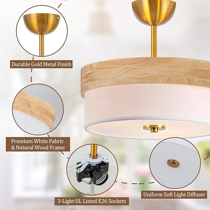 Bargeni Semi Flush Mount Ceiling Light,13 Inch Light Fixtures Ceiling Mount, Natural Wood Trim with Cream White Fabric Shade, Modern Ceiling Light Fixture for Bedroom,Hallway,Kitchen
