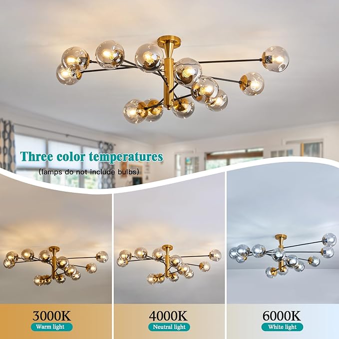 hesoge Large 12 Light Sputnik Semi Flush Mount Ceiling Light Fixture Gold Mid Century Modern Chandelier with Glass Globe Close to Ceiling Light for Living Room Kitchen Dining Room Bedroom.