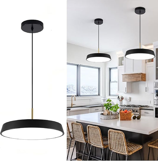 Black Pendant Light Fixtures 16inch,LED Modern Industrial KitchenIsland Hanging Lighting,3 Color Temperature Chandelier Metal Ceiling Light for Bar,Dining Room,Bedroom,Living Room