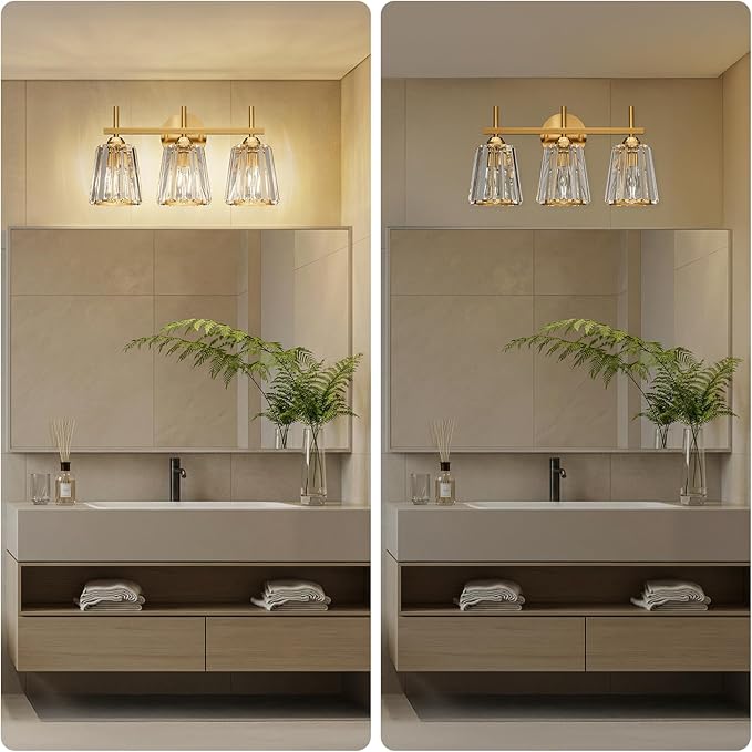 Crystal Bathroom Light Fixtures Over Mirror, Gold 3-Light Bathroom Vanity Lights Over Mirror Modern Wall Lighting Sconces with Ceramic E26 Base (Bulbs Not Include)