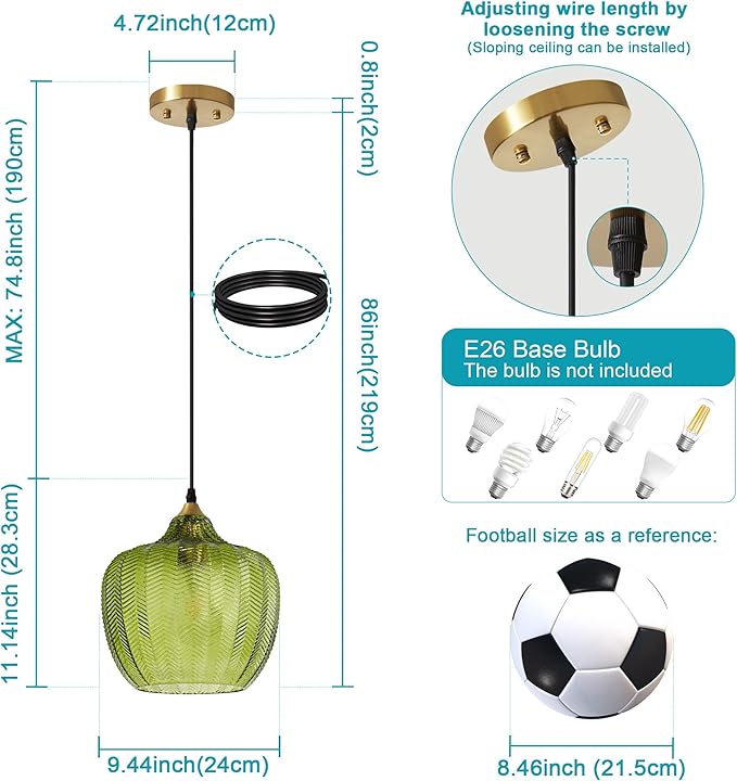 Modern Gold Pendant Light, Green Glass Farmhouse Kitchen Island Pendant Light Fixture Adjustable Vintage Hanging Ceiling Light for Dining Room Corridor 9.45 inch 1 Pack, UL Certification