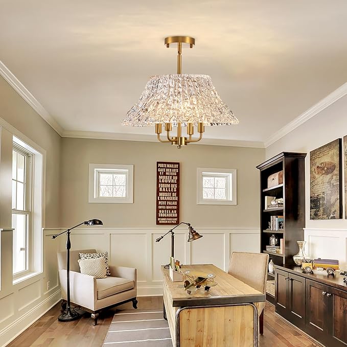 4-Light Gold Flush Mount Ceiling Light - 14 Inch Bright Vintage Glass Art Deco Fixture, Mid Century Modern Close to Ceiling Lamp for Bedroom Kitchen Hallway, E12 Candelabra Base (Bulbs Not Included)