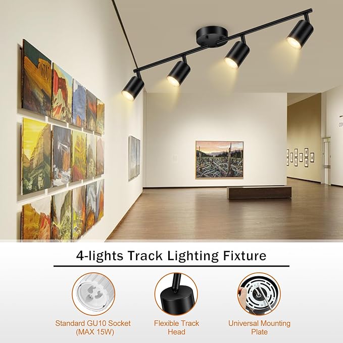 Track Lighting Fixtures Ceiling Black, Kitchen Lighting Fixture, 30" 4-Light Track Light Kit, LED Wall Spotlights with Rotatable Heads, Ceiling Lights for Sink Bathroom(GU10 Socket, No Bulb)