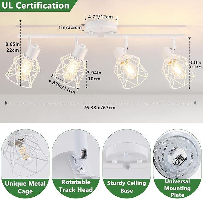 4-Lights Kitchen Light Fixtures Ceiling Mount, Adjustable Multi-Directional White Flush Mount Ceiling Light Fixture with Metal Cage, Modern Spot Ceiling Lamp for Hallway, Dining Room, Bedroom