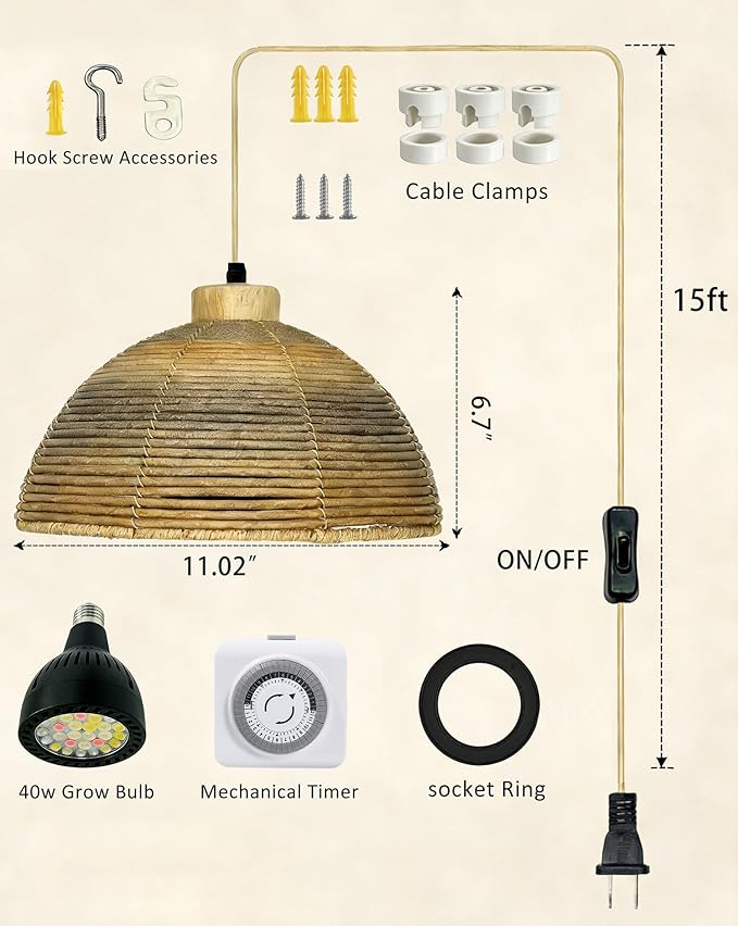 40W Boho Rattan Hanging Grow Light, Full Spectrum Pendant Light for Indoor Plants, 15ft Plug-in Cord & Mechanical Timer, Wabi-Sabi Decor for Monstera, Fiddle Leaf Fig & Tall Plants