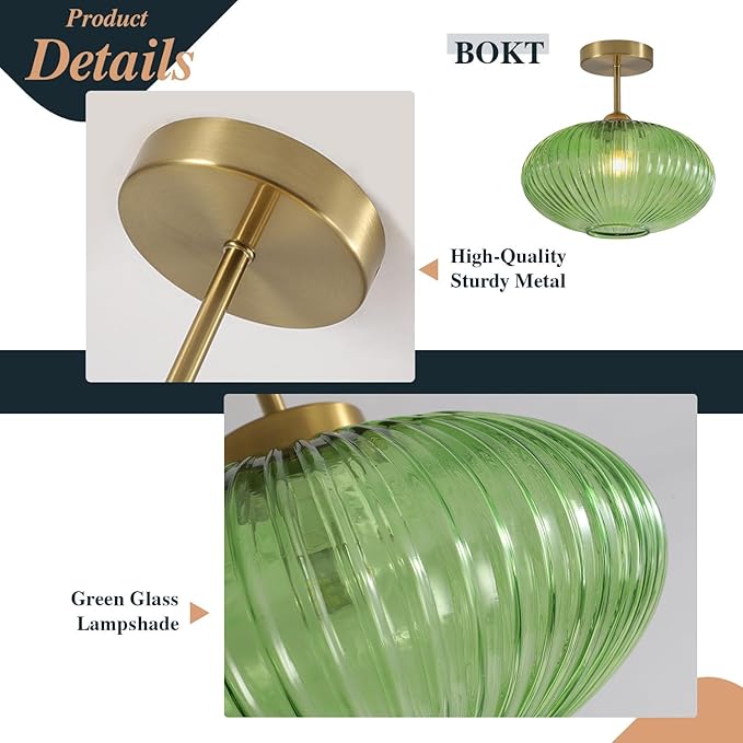 BOKT Modern Ceiling Light Green Glass Pendant Light Stairway Mid Century Close to Ceiling Light Gold Semi Flush Mount Ceilings Light Fixture for Island Kitchen Dining Room Hallway 9.8"