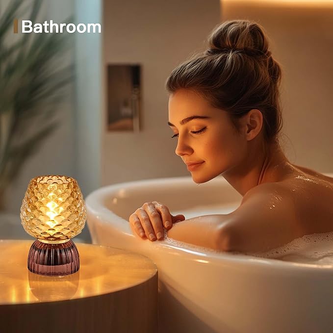 Battery Operated Lamp with Timer, Cute Small Cordless Glass Table Lamp for Home Decor, Kitchen, Bathroom, Birthday Gift for Women, Pinecone, Amber, 2 Pack