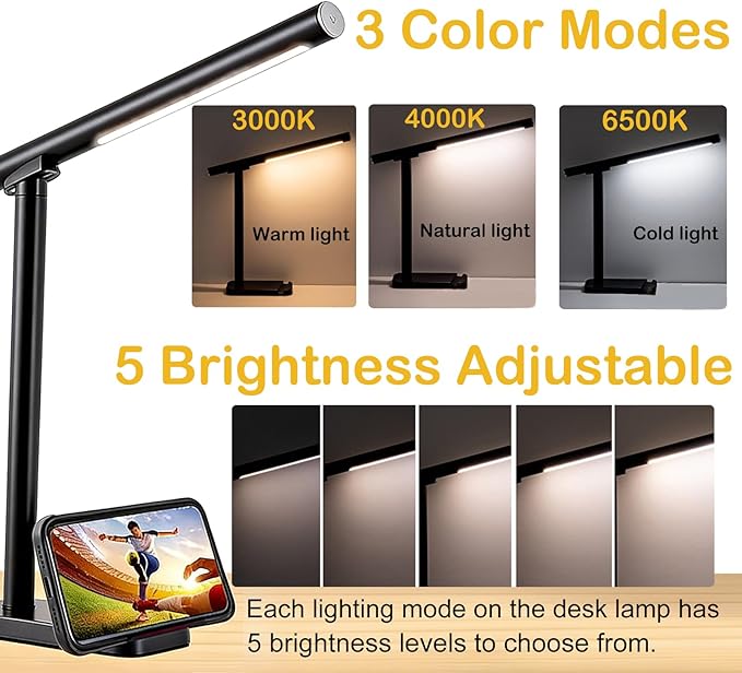 LED Cordless Desk Lamp, Touch Desk Lights with 3 Color Modes 5 Brightness for Home Office, Bedroom, Magnetic Night Lights with USB Charging Port, Eye-Caring Table Light for Study, Read, Work