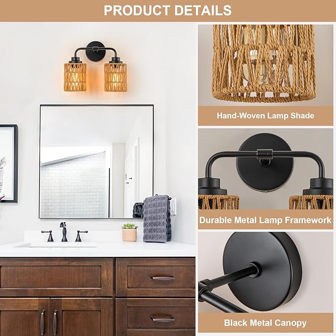 Bathroom Light Fixtures, Rustic 2-Light Vanity Lights Over Mirror Farmhouse Wall Mounted Light Natural Style Wall Lamp Boho Lighting Fixture Rattan Wall Sconce for Bedroom