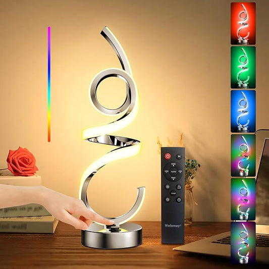 Wefomey Modern Spiral Table Lamp Color Changing Night Light Rechargeable LED Nightstand Lamp Dimmable Bedroom Lamp Remote Control for Home Decor Living Room Bedroom Office