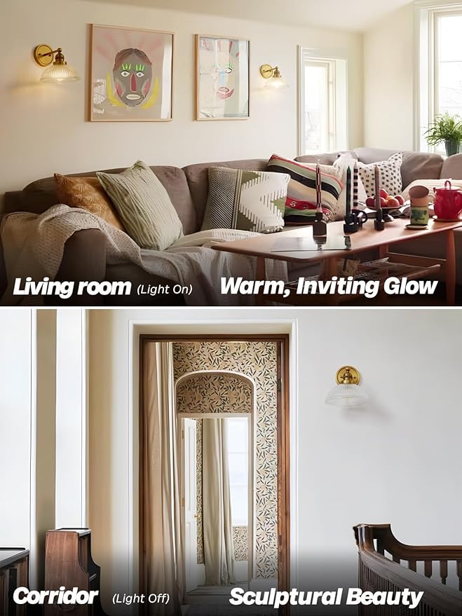 Gold Wall Sconce,Vintage Bathroom Vanity Light with Clear Glass Brass Bathroom Sconces Wall Lighting for Living Room Bedroom Hallway Stairway E26 Hardwire Indoor