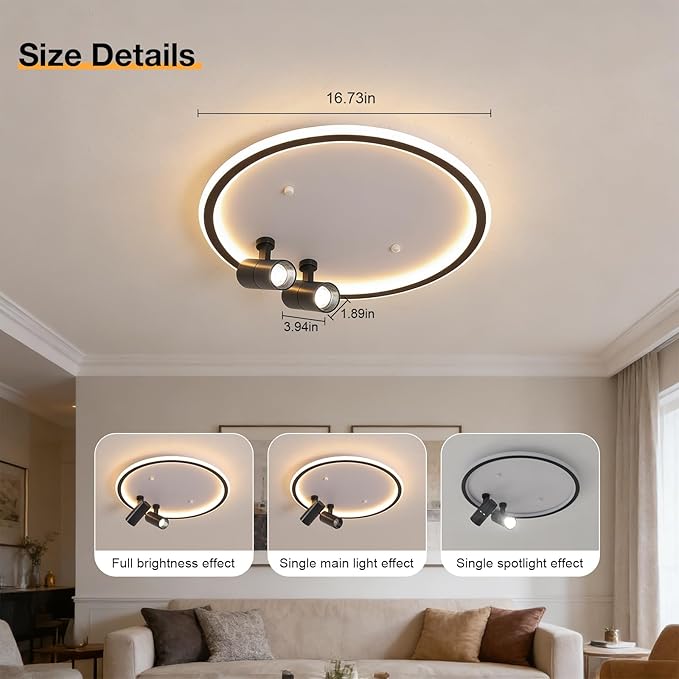 Modern LED Bedroom Ceiling Light, 2 Adjustable Spotlights, Dimmable Round Close to Ceiling Lamp, Black White Minimalist Lighting for Living Room Bedroom Kitchen Dining Room