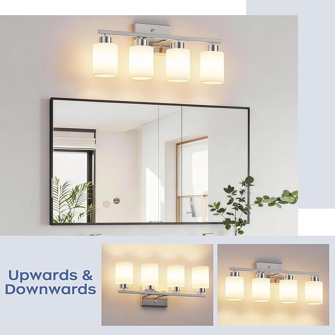 PARTPHONER 4-Light Brushed Nickel Bathroom Light Fixtures, Modern Vanity Light Over Mirror Lighting, Wall Sconce with Frosted Milky White Glass Shades for Bedroom Living Room Kitchen Hallway